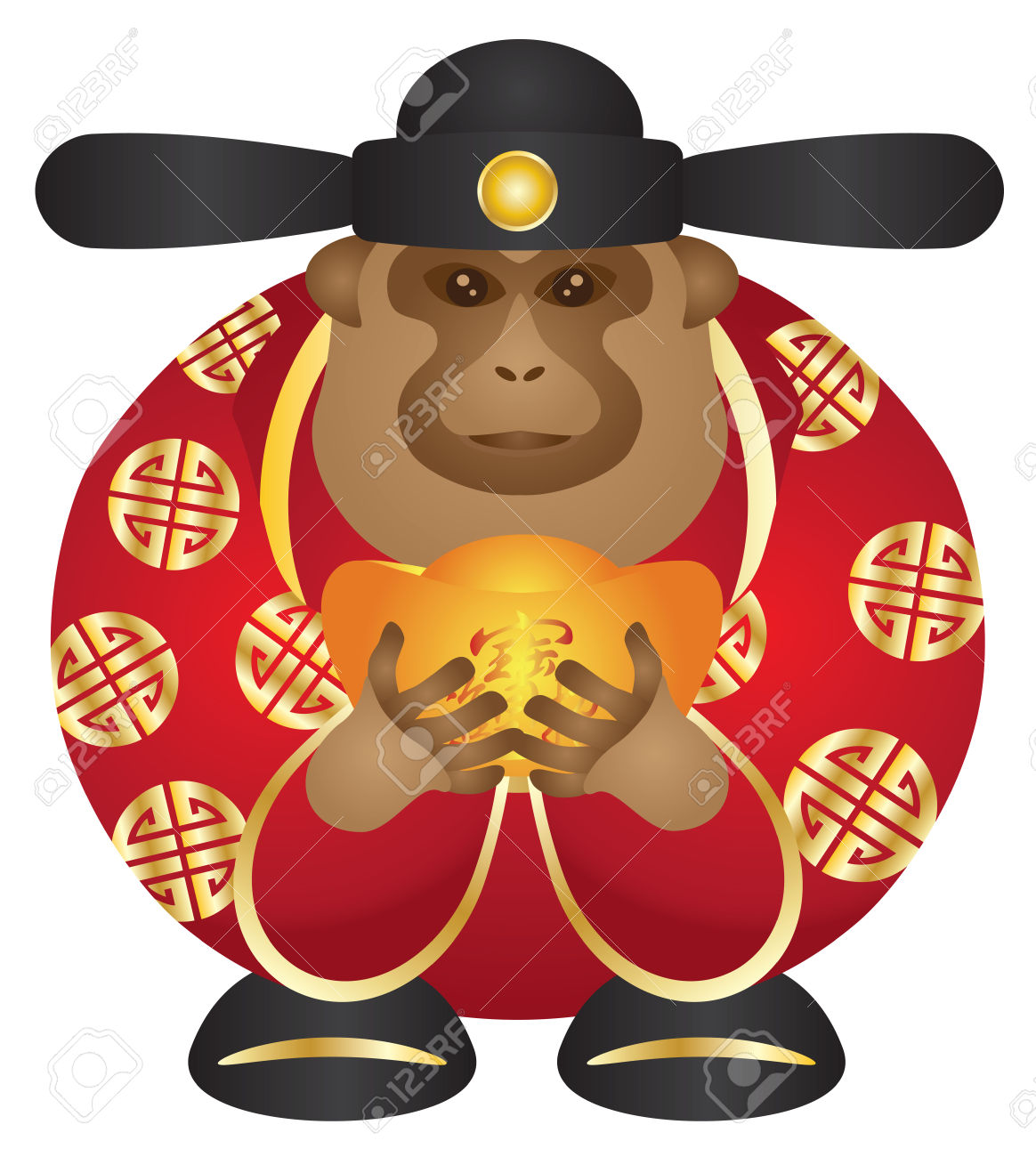 Chinese Money God Monkey with Gold Bars Color Illustration